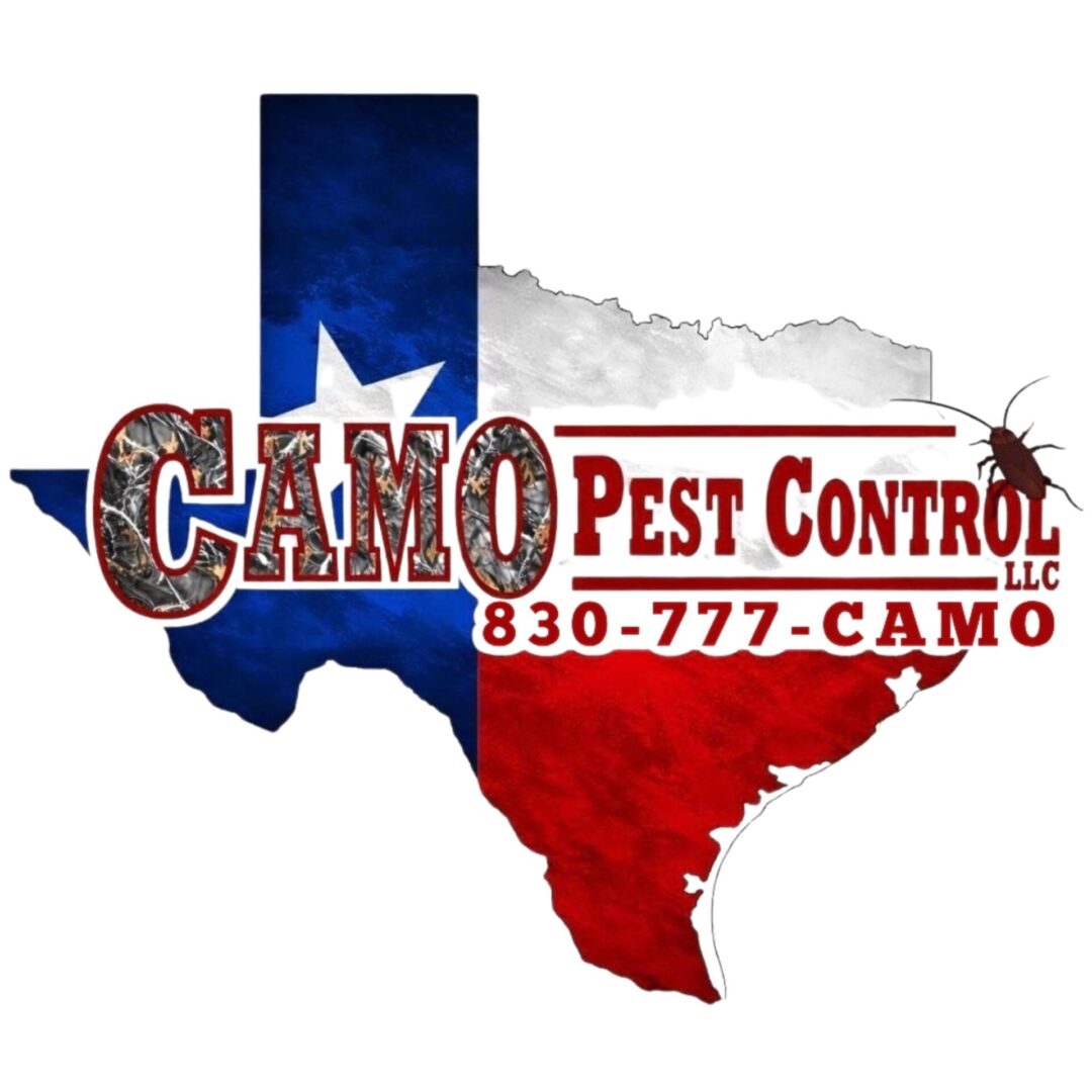 Camo Pest Control logo featuring Texas state outline with red, white, and blue colors, and a pest illustration, emphasizing pest control services in Texas.